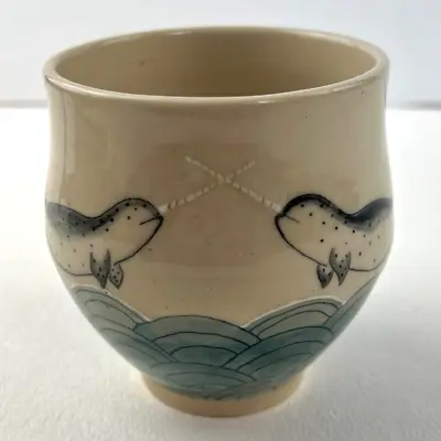 Buy Britta Schroeder Studio Pottery Narwhals Cup Hand Painted Art Tumbler Sea Life • 40.44£