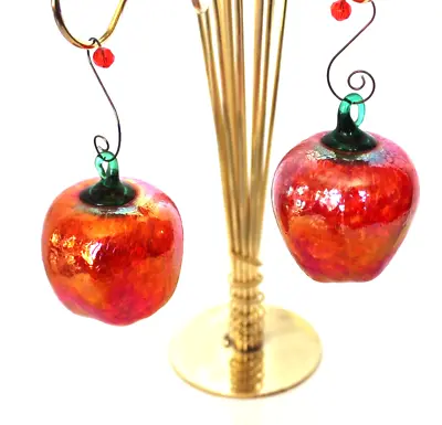 Buy VTG RAINBOW Art Glass Fire Apples With Green Looped Stems Tree Glass Ornaments • 30.41£