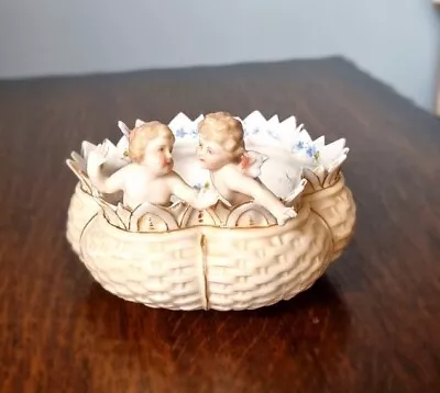 Buy Antique Volkstedt Porcelain Pair Cherubs In Basket Pitchfork/ Hayfork Mark 1880s • 19.99£
