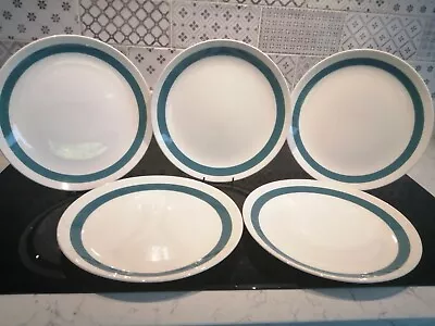 Buy Crown Ducal AGR SET OF FIVE Dinner Plates White Blue/TEAL 10 Inch 25.5 Cm • 7.99£