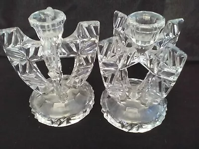 Buy Art Deco Candle Holders X 2, Clear Pressed Glass, 4-part Winged Stem, Round Base • 16£