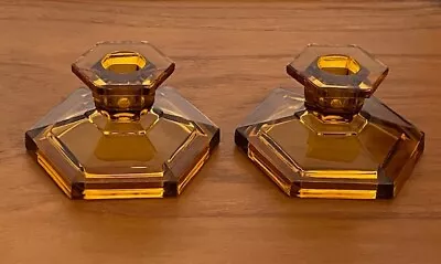 Buy Pair Amber Glass Hexagonal Candlesticks Candle Holders Art Deco • 8.99£