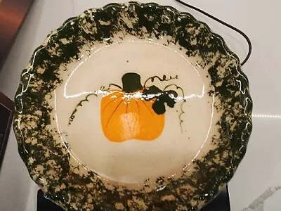 Buy GREEN Spongeware 9.5  Pie Plate With Pumpkin Design On Front. • 24.01£