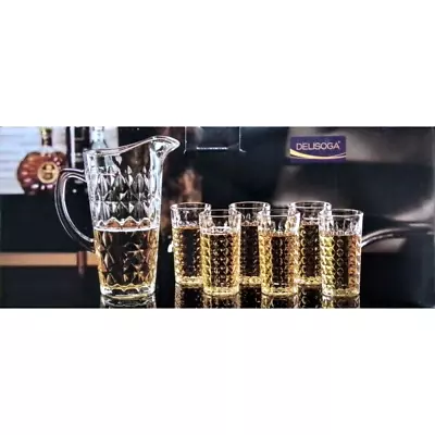 Buy 7 Piece Glassware Set Water Jug Pitcher & 6 Glasses Tumbler Juice Crystal Effect • 19.99£