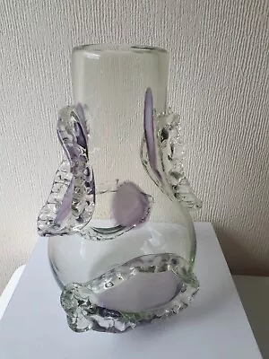 Buy Vintage Heavy Glass Murano Cased Vase Lilac Clear Frill Detail Unusual 26cm Tall • 60£