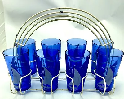 Buy Hazel Atlas Cobalt Blue Sailboat Lemonade Glasses Lot Of 8 With Carrier EUC • 168.04£