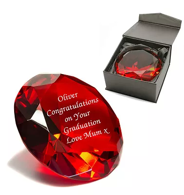 Buy Personalised Diamond Shape Red Crystal Glass Paperweight, Engraved, Gift Box • 15.99£