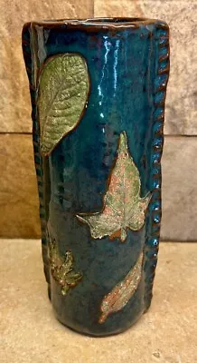 Buy Glazed  Blue  Pottery 8  Vase, With Stamped Debossed Leaves, Handmade, Unsigned • 11.56£