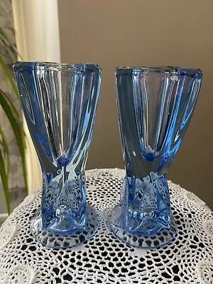 Buy Stunning Pair Of Heavy Vintage Pale Blue Glass Vases 14cms X 5cms • 8£