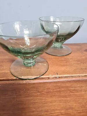 Buy Vintage Green Scalloped Glass Sundae Set Of 2 Footed Bowl Dessert Dish • 7.50£