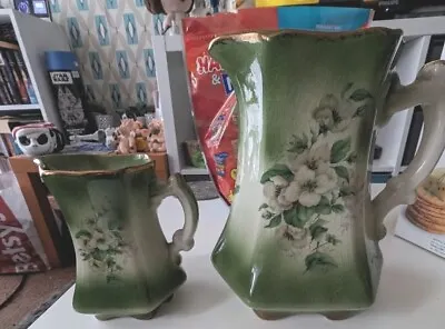 Buy MayFayre Staffordshire Pottery Two Jugs. Green Gold Trim White Flower Design  • 9.99£