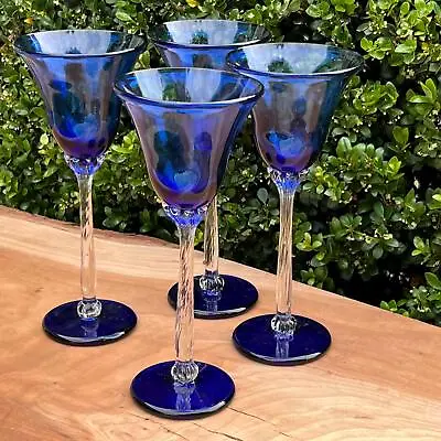 Buy Four Rick Strini Cobalt Blue & Clear Handblown Art Glass Wine Glasses • 93.12£