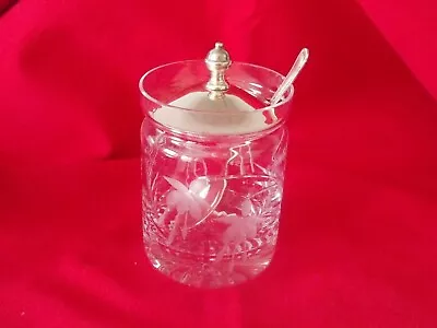 Buy Cut Glass Preserve Pot With Etched Fuschia Flowers + Shiny Metal Lid And Spoon • 15£