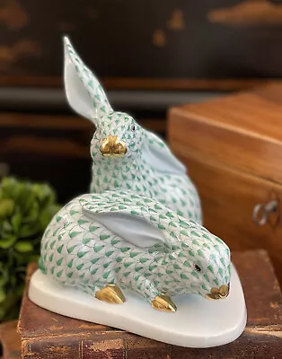 Buy Stunning Large Herend Green Fishnet Snuggling Rabbit Bunny Hare Pair Figure 5.5” • 524.43£