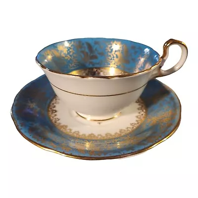 Buy Aynsley Tea Cup And Saucer Aqua Blue Chintz Gold Bone China England • 38.42£
