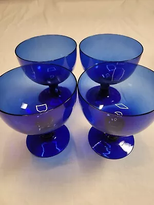 Buy Vintage MCM Blenko Cobalt Blue Glass Set Of 4 Wine Glasses Dessert Dish Coupe • 355.75£