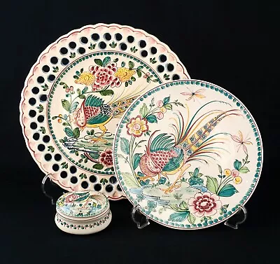 Buy 3 X Exotic Bird Agueda Portugal Hand Painted Pottery Two Plates & Trinket Pot • 22£