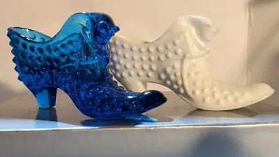 Buy Cobalt Blue & White Milk Glass Fenton Hobnail Cat Head Shoes Mint  • 43.63£