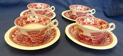 Buy Four Pink Red Copeland Spode's Tower Cups And Saucers - Oval Mark • 33.61£
