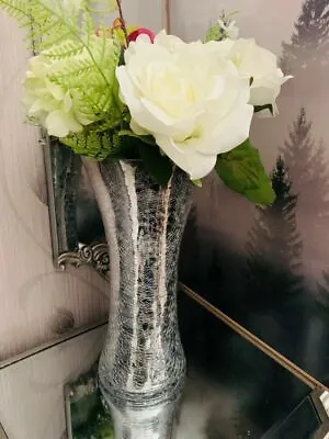 Buy Large Stunning Silver Cracked Luxury Flower Vase Wedding Table Centerpiece 30Cm • 19.99£