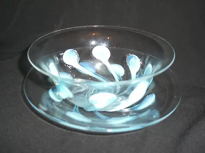 Buy Superb STUART & Sons Art Nouveau Uranium / Blue Peacock Trail Glass Bowl & Stand • 120£
