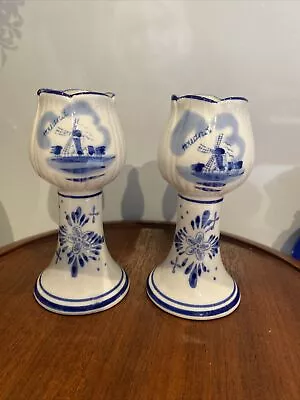 Buy Pair Vintage Blue Delft Tulip Candlesticks Candle Holder Holland Handpainted • 5£