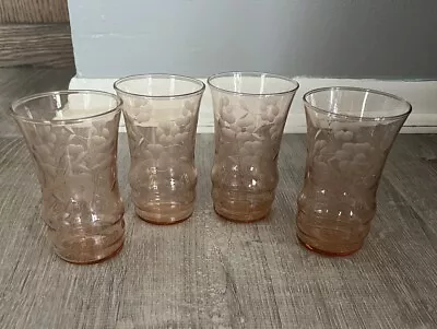 Buy Set Of 4 Pink Depression Glass Etched Floral Flowers Vintage Juice Glasses 3.75” • 23.97£