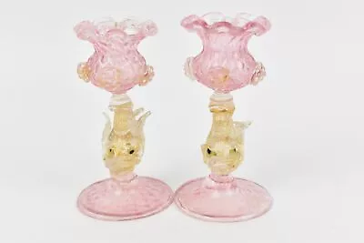 Buy Pair Of Murano Glass Dolphin Candlesticks Pink & Gold Vintage Mid Century  • 29.99£