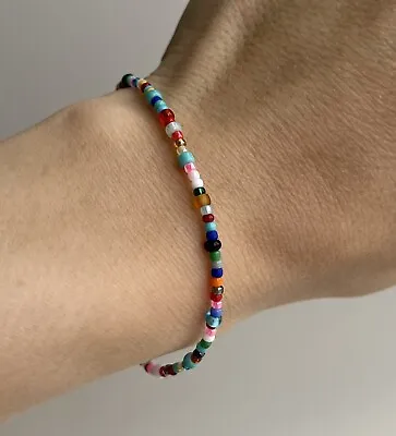 Buy Minimalist Bohemian Beaded Multicoloured Seed Bead Petite Stretchy Bracelet • 2.85£