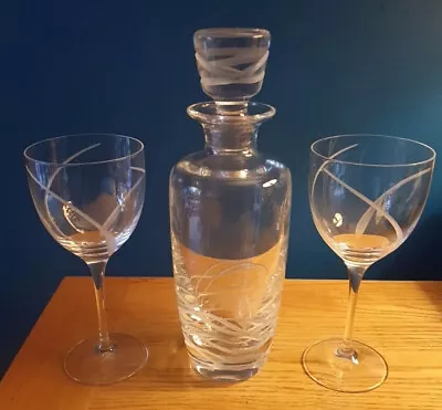 Buy Edinburgh Crystal Glass Wine Decanter & Two Glasses Swirl Etched Pattern Signed • 40£