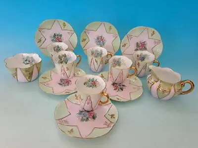 Buy Rare Shelley Hand Painted Coffee Set - Pink And Green With Flowers • 50£