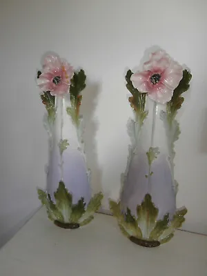 Buy Early Franz Franz Style Pair Of Elegant Pink Poppy Motif Tall Single Stem Vases  • 99£