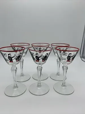 Buy Set Of 6 Vintage Libbey Pickwick Bartender Scene Cordial Glasses Stemware 1940's • 33.15£