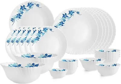 Buy Cello Blue Swirl Opalware Dinner Service Set 27 Piece White Dinnerware Serveware • 301.96£