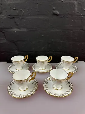 Buy 5 X Royal Crown Derby Vine Gold Espresso Footed Coffee Cups And Saucers • 69.99£