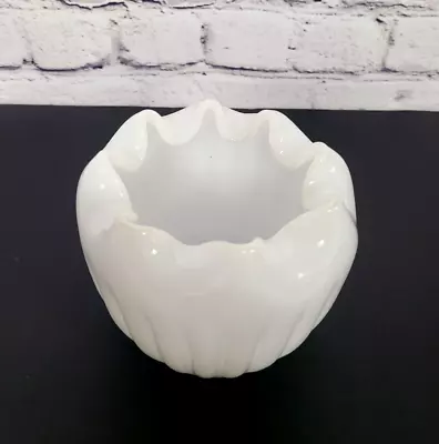 Buy Vtg Mid Century White Milk Glass Rose Bowl Vase Ribbed Crimped Pinch Ruffled Top • 6.62£