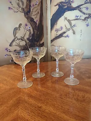 Buy Crystal 1950's Etched W/ Flowers & Leaves Champagne Glasses  4 • 19.18£