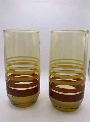 Buy SET Of 2 Vintage ANCHOR HOCKING Striped Amber Glass Drinking Tumblers 6” 1970’s • 14.39£