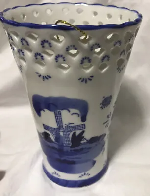 Buy Vintage Delftware Royal Twickel Holland Blue White Pierced Windmill 6  Vase • 21.75£