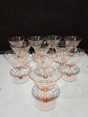 Buy SET OF 11- Pink Depression 4 3/8  Sherbets Optic Floral Etch Champagne Glasses • 127.56£
