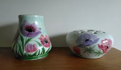 Buy Vintage Edward Radford Hand Painted Pink & Blue Poppy Vase & Posy Bowl • 14.99£