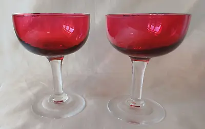 Buy Pair Vintage Cranberry Bowl Saucer Champagne Glass Coupes Mid 20thC • 45£