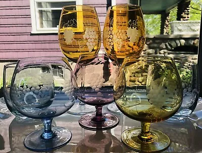 Buy 1980's Boho Etch Grape Wine Brandy Whiskey Glass Gem Color Romania Set-7 • 37.99£