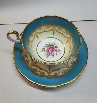Buy Vintage Aynsley Turquoise Blue & Yellow Tea Cup And Saucer Drape With Gold Trim • 48.02£