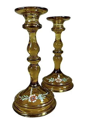 Buy Vtg TIFFIN Amber Glass Candle Holders Set #76 Handpainted Floral  20s 8.5  • 24.13£