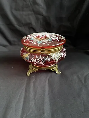 Buy Antique Cranberry Glass Lidded Vanity Bowl With Beautiful Enamel Decoration • 80£
