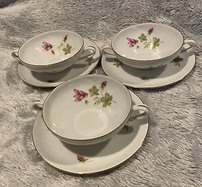 Buy KPM Krister - White/pink Floral - Twin Handled Soup Bowls & Saucers X6 • 25£