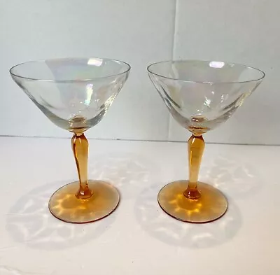 Buy 2 Fostoria Iridescent Loop Optic Glass Amber Stem Champagne Sherbet  5 1/4  Tall • 23.67£