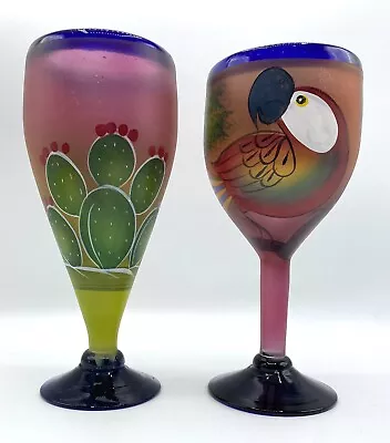 Buy Mexican Hand Blown Cobalt Blue Pilsner & Wine Drink Glasses Hand Painted Bird • 32£