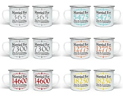 Buy Pair Of Married For Days & Counting Anniversary (1st-70th) Enamel Tin Gift Mugs • 15.99£